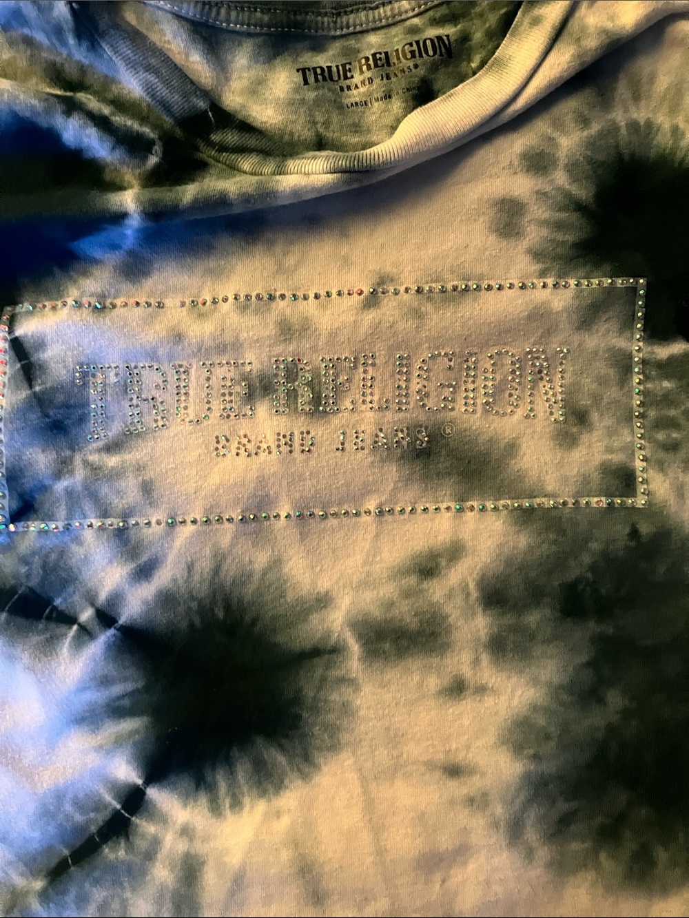 Large Blue tie dye true religion shirt.
